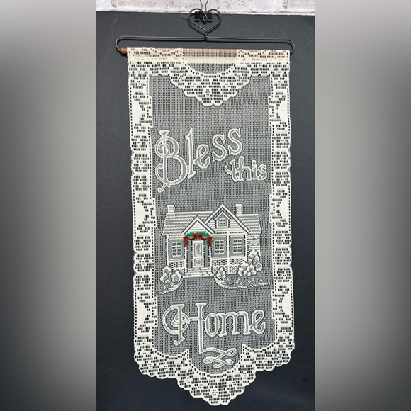 Lace Wall Hanging Bless This Home 29 in X 13 in Ecru Embroidered Garland Vintage - Picture 1 of 7